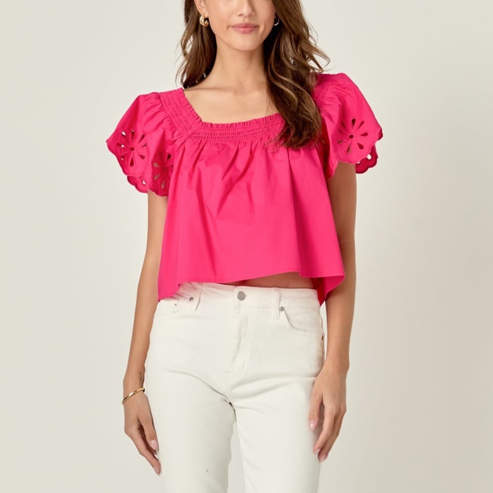 NWT Hyacinth House Hot Pink Eyelet Puff Sleeve Top | S